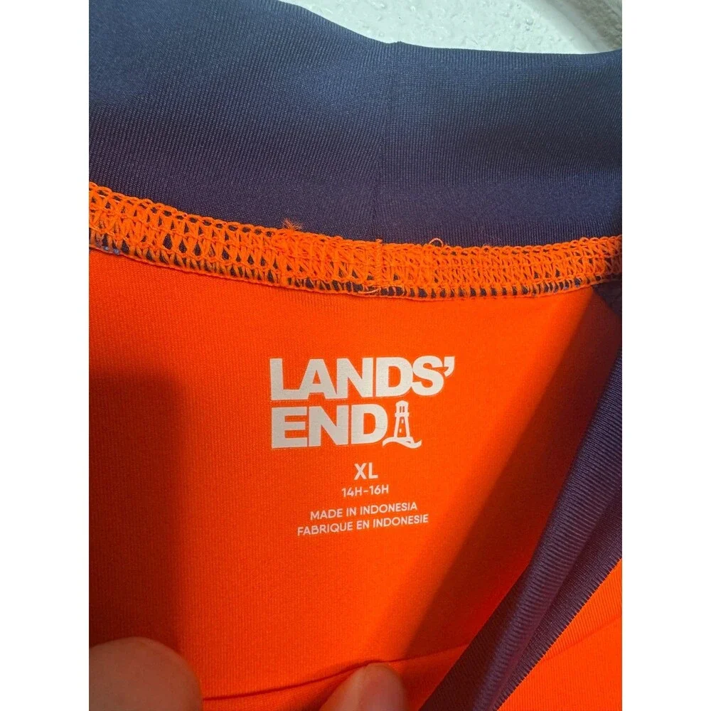 Lands’ End Boys XL Husky Rash Guard Colorblock Orange Blue Short Sleeve Swim Top